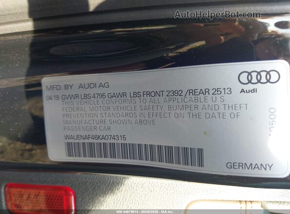 WAUENAF46KA074315 2019 AUDI OTHER Black ძრავის განყოფილების ხედი