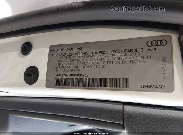 WAUENAF4XHN006262 2017 AUDI A4 White Вид підкапотного простору