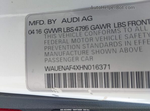 WAUENAF4XHN016371 2017 AUDI A4 White Widok komory silnika