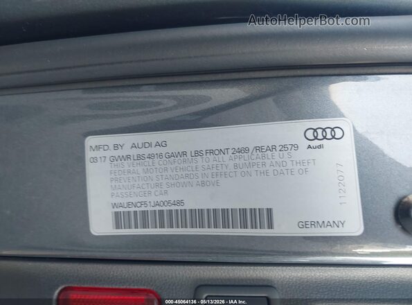 WAUENCF51JA005485 2018 AUDI A5 Gray Vista del compartimento del motor