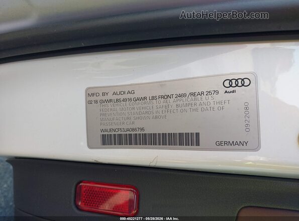 WAUENCF53JA086795 2018 AUDI A5 White ძრავის განყოფილების ხედი