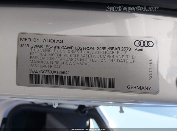 WAUENCF53JA135641 2018 AUDI OTHER White Vista del compartimento del motor