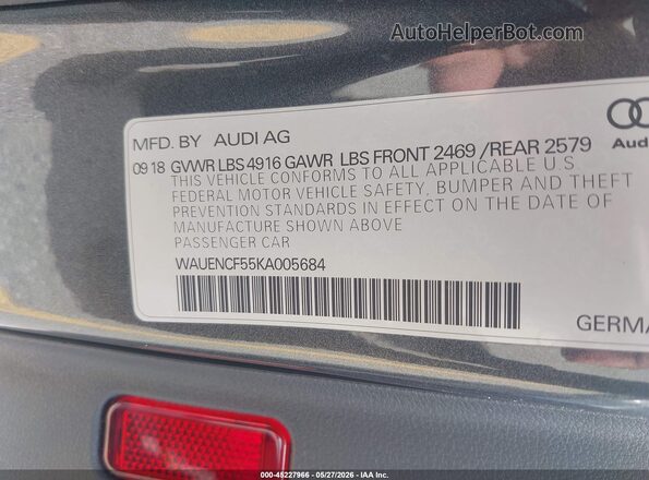 WAUENCF55KA005684 2019 AUDI A5 Gray ძრავის განყოფილების ხედი
