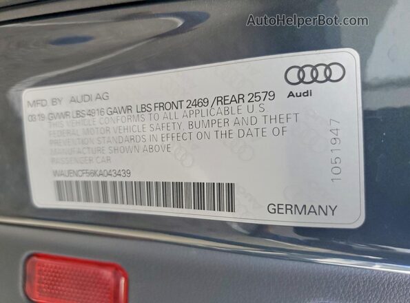 WAUENCF56KA043439 2019 AUDI A5 Серый Вид подкапотного пространства