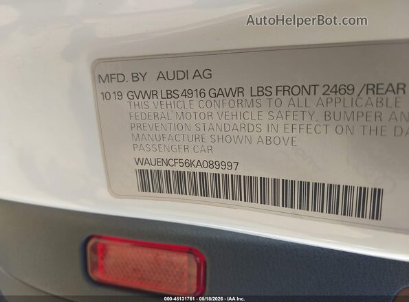 WAUENCF56KA089997 2019 AUDI A5 White ძრავის განყოფილების ხედი