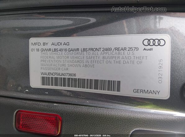 WAUENCF58JA073606 2018 AUDI A5 Gray Widok komory silnika