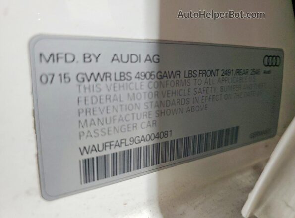 WAUFFAFL9GA004081 2016 AUDI A4 White VIN sticker view