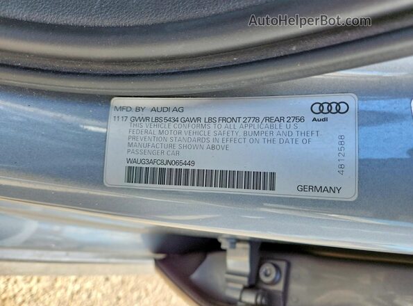 WAUG3AFC8JN065449 2018 AUDI A6 Silver Vista de la etiqueta del VIN