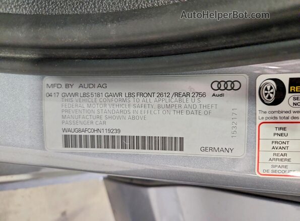 WAUG8AFC0HN119239 2017 AUDI A6 Gray VIN կոդի պիտակի տեսք
