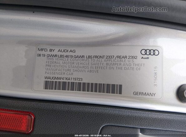 WAUGMAF41KA119723 2019 AUDI A4 Silver Vista del compartimento del motor