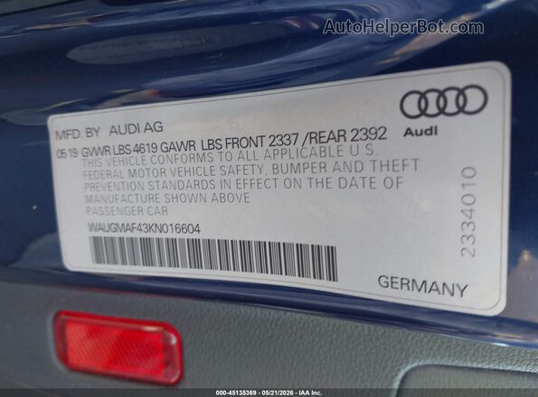 WAUGMAF43KN016604 2019 AUDI A4 Blue Вид підкапотного простору