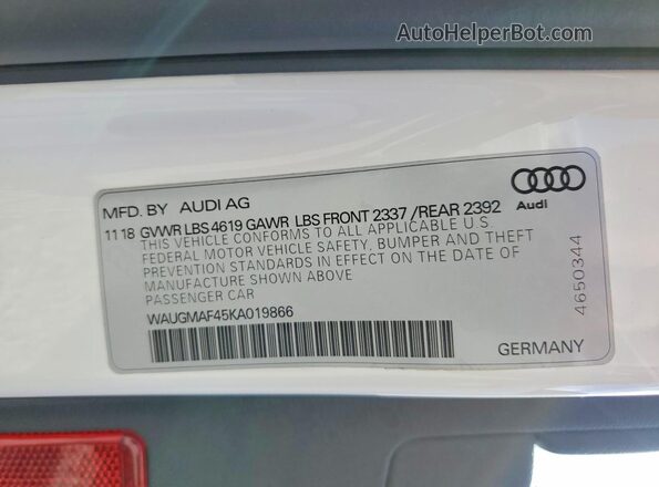 WAUGMAF45KA019866 2019 AUDI A4 White VIN կոդի պիտակի տեսք