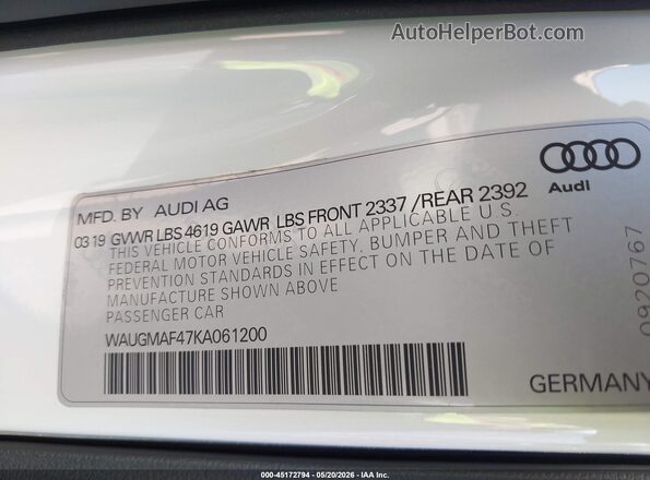 WAUGMAF47KA061200 2019 AUDI A4 White ძრავის განყოფილების ხედი