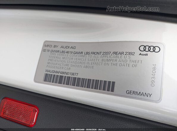 WAUGMAF48KN010877 2019 AUDI OTHER White Вид підкапотного простору