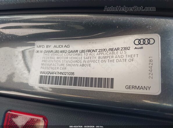WAUGNAF47HN021035 2017 AUDI A4 Gray ძრავის განყოფილების ხედი