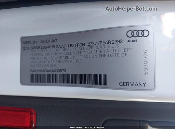 WAUHMAF44KA033570 2019 AUDI OTHER White Vista del compartimento del motor