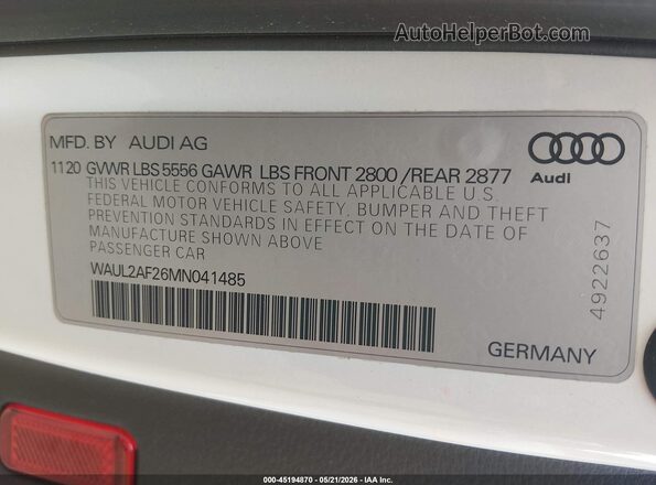 WAUL2AF26MN041485 2021 AUDI A6 White 