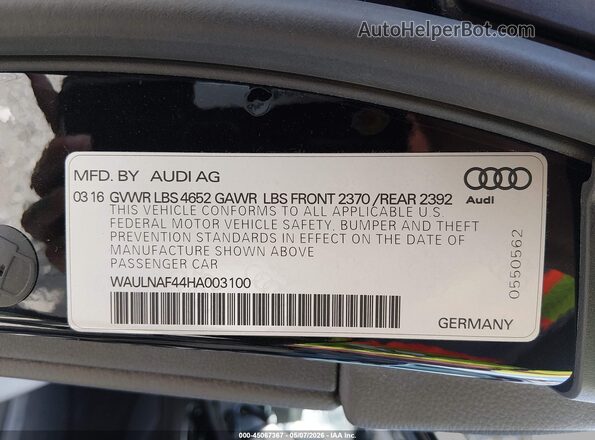 WAULNAF44HA003100 2017 AUDI OTHER Black Вид підкапотного простору