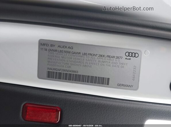 WAUM2AF26KN049863 2019 AUDI A6 White Vista del compartimento del motor