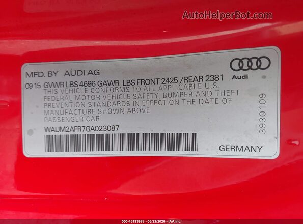 WAUM2AFR7GA023087 2016 AUDI A5 Red Engine compartment view