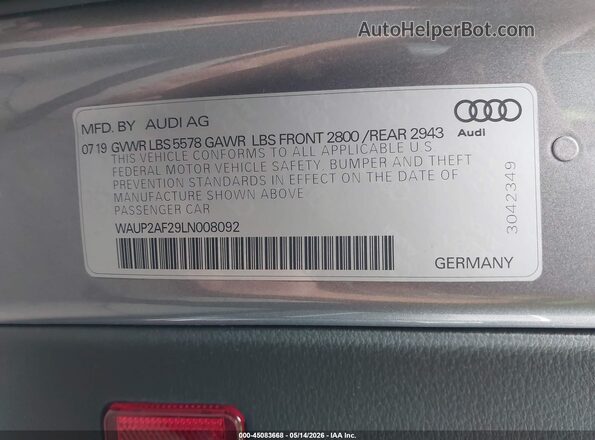 WAUP2AF29LN008092 2020 AUDI OTHER Gray Widok komory silnika