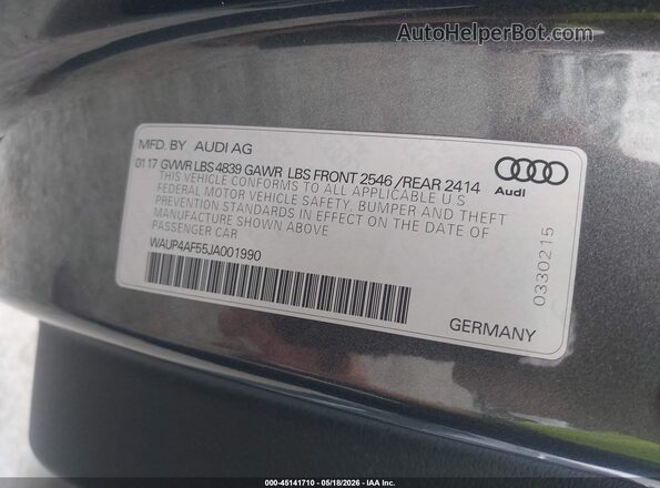 WAUP4AF55JA001990 2018 AUDI S5 Gray ძრავის განყოფილების ხედი