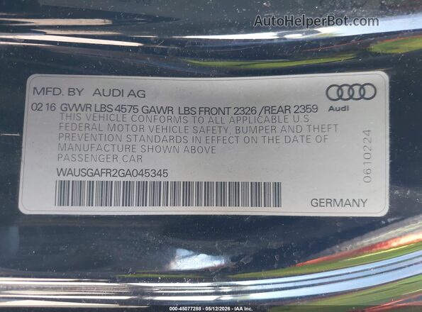 WAUSGAFR2GA045345 2016 AUDI A5 Black Vista del compartimento del motor