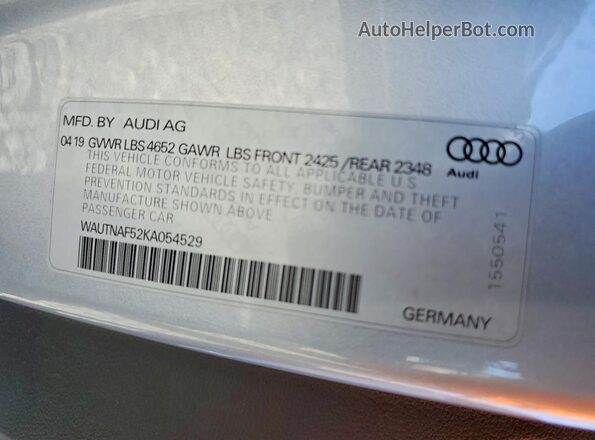 WAUTNAF52KA054529 2019 AUDI A5 Silver Engine compartment view