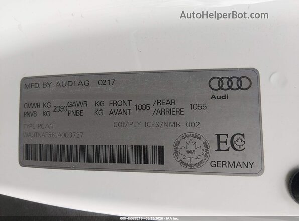 WAUTNAF56JA003727 2018 AUDI A5 White ძრავის განყოფილების ხედი