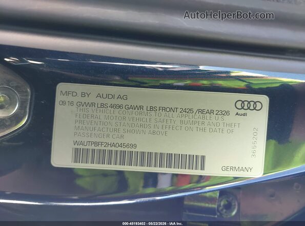 WAUTPBFF2HA045699 2017 AUDI A3 Dark Blue Շարժիչի բաժամունքի տեսք