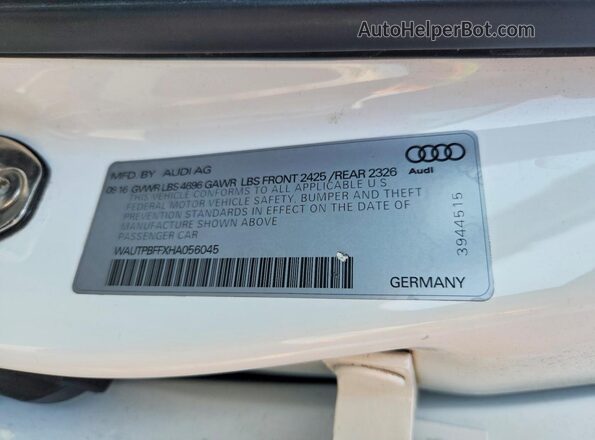 WAUTPBFFXHA056045 2017 AUDI A3 White ძრავის განყოფილების ხედი