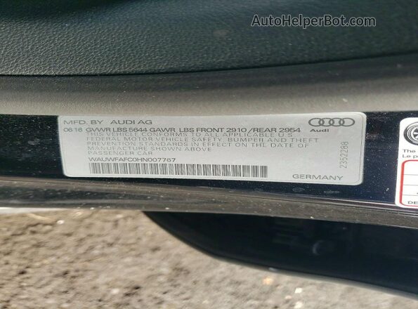 WAUWFAFC0HN007767 2017 AUDI S7 Black Vista de la etiqueta del VIN