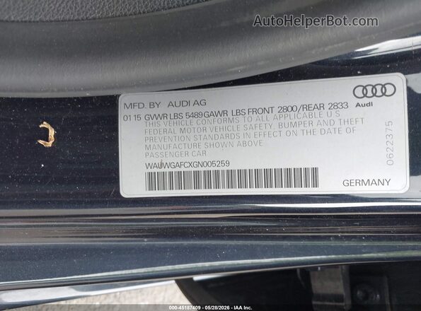 WAUWGAFCXGN005259 2016 AUDI A7 Black Vista del compartimento del motor