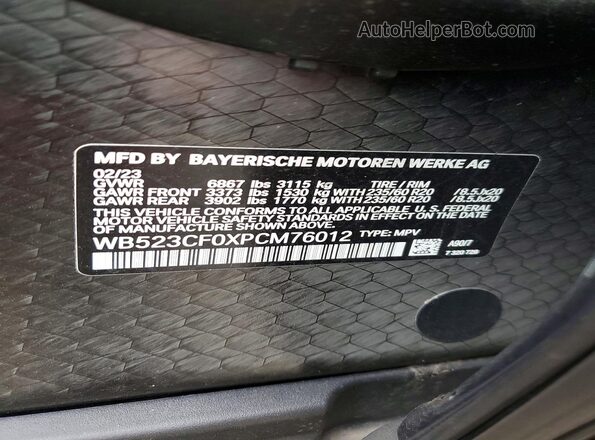WB523CF0XPCM76012 2023 BMW IX Black VIN კოდის სტიკერის ხედი
