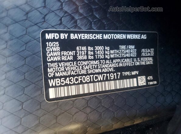 WB543CF08TCW71917 2026 BMW IX Black Вид наклейки з VIN-кодом