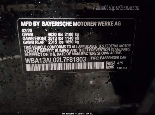 WBA13AL02L7F81803 2020 BMW 7 SERIES Black Շարժիչի բաժամունքի տեսք
