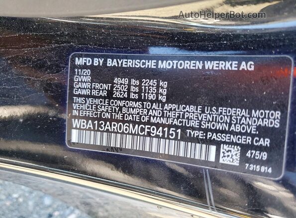 WBA13AR06MCF94151 2021 BMW M4 Black Вид наклейки з VIN-кодом
