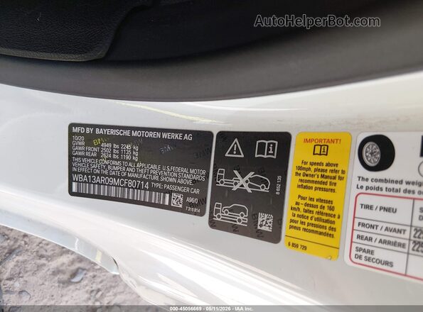 WBA13AR09MCF80714 2021 BMW M4 White ძრავის განყოფილების ხედი