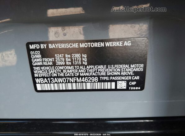 WBA13AW07NFM46298 2022 BMW 7 SERIES Gray ძრავის განყოფილების ხედი