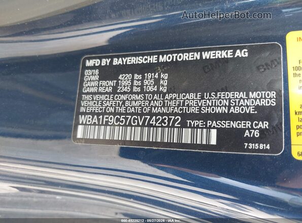 WBA1F9C57GV742372 2016 BMW 2 SERIES Navy Вид подкапотного пространства