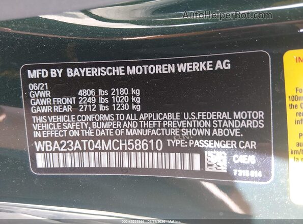 WBA23AT04MCH58610 2021 BMW 7 SERIES Green ძრავის განყოფილების ხედი