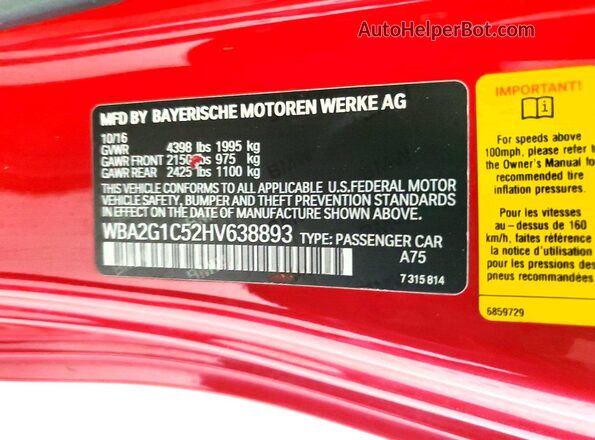 WBA2G1C52HV638893 2017 BMW M2 Red ძრავის განყოფილების ხედი