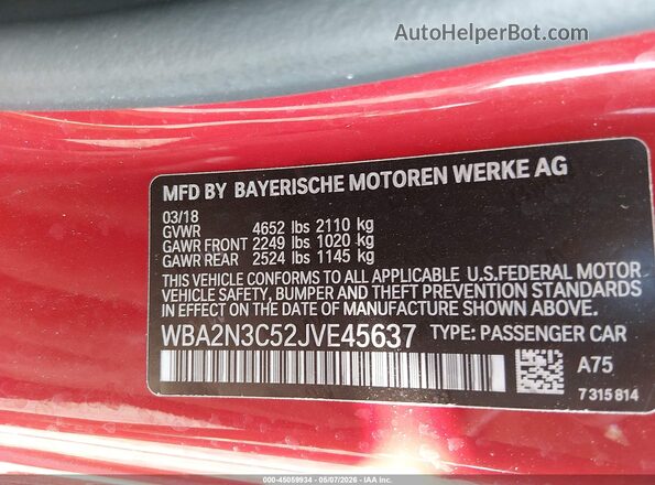 WBA2N3C52JVE45637 2018 BMW M2 Red 