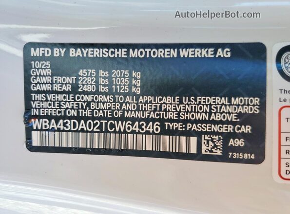 WBA43DA02TCW64346 2026 BMW 4 SERIES White Engine compartment view