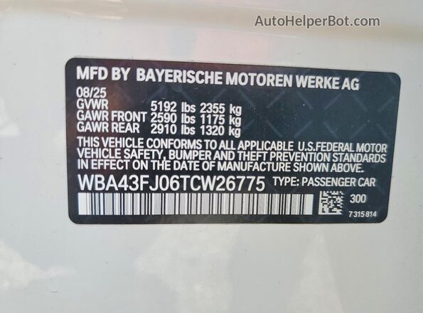WBA43FJ06TCW26775 2026 BMW 5 SERIES White Vista de la etiqueta del VIN