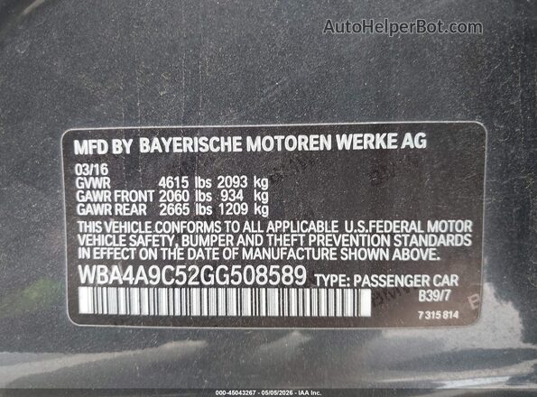 WBA4A9C52GG508589 2016 BMW 4 SERIES Gray Շարժիչի բաժամունքի տեսք