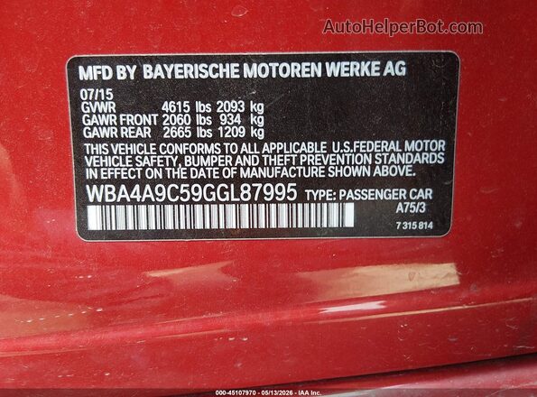 WBA4A9C59GGL87995 2016 BMW 4 SERIES Red Widok komory silnika