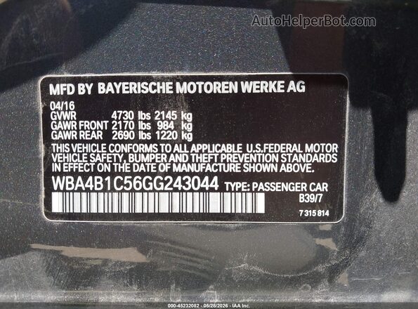 WBA4B1C56GG243044 2016 BMW 4 SERIES Gray Vista del compartimento del motor
