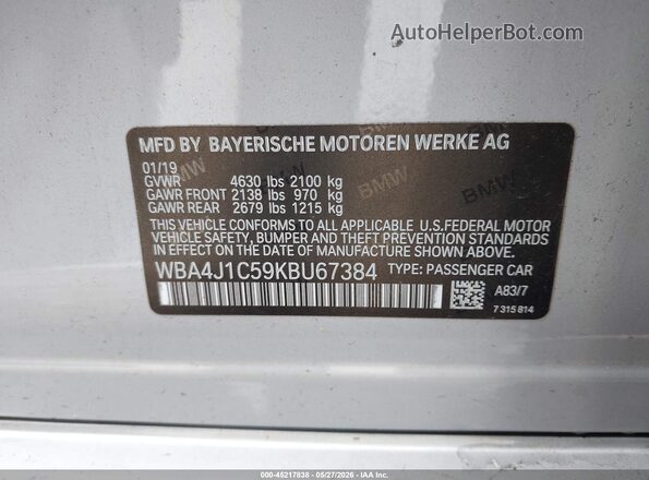 WBA4J1C59KBU67384 2019 BMW 4 SERIES Silver Engine compartment view
