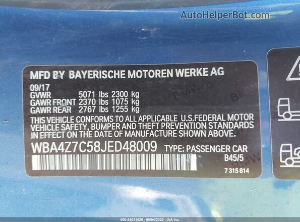 WBA4Z7C58JED48009 2018 BMW 4 SERIES Синий Вид подкапотного пространства
